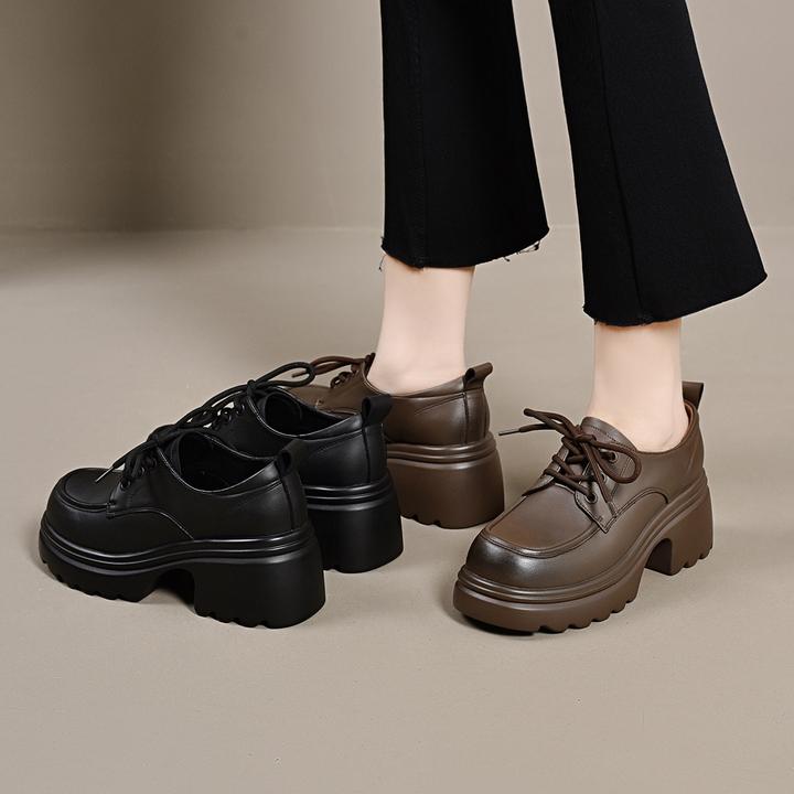 6955乐福鞋米白新款系鞋带厚底增高单鞋女鞋爆款单里时尚百搭黑色