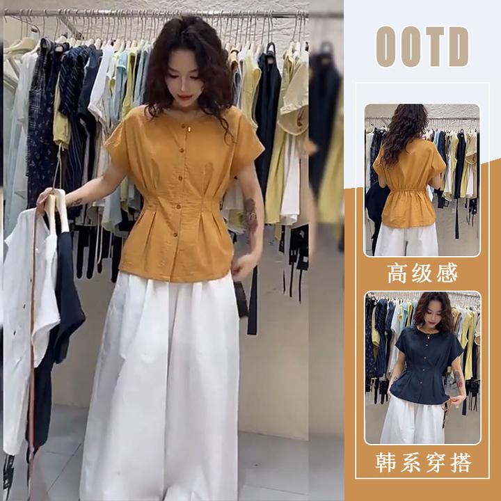 今年流行收腰百搭圆领短袖衬衫女2025夏季新款高腰阔腿休闲裤套装