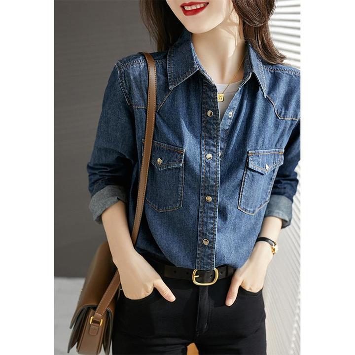 长袖牛仔百搭衬衫上衣外套女2025新款秋冬气质复古感宽松休闲衬衣