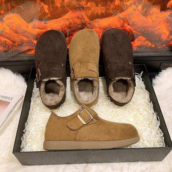 加绒保暖勃肯鞋女2025秋冬新款复古平底棉鞋一脚蹬孕妇全包博肯鞋