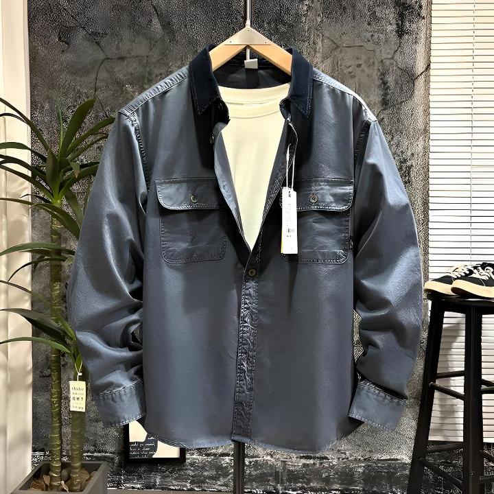 潮牌重磅美式宽松复古工装衬衫男春秋长袖水洗做旧拼色翻领外套