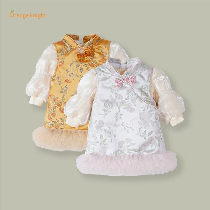 女童国风连衣裙套装秋冬2025新款宝宝周岁满月新中式打底衫背心裙