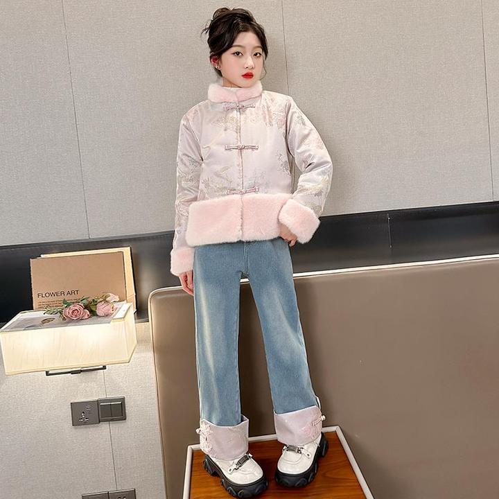 巴拉巴拉恩女童冬装套装儿童加绒唐装拜年服中大童牛仔裤中国风新