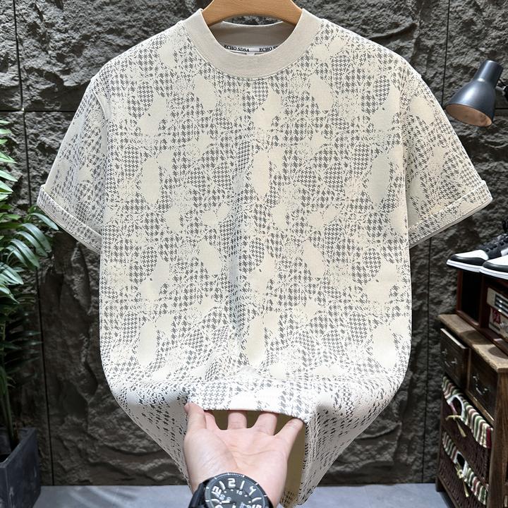 夏季高级感新款韩版撞色暗纹提花圆领短袖T恤百搭潮流上衣男体恤