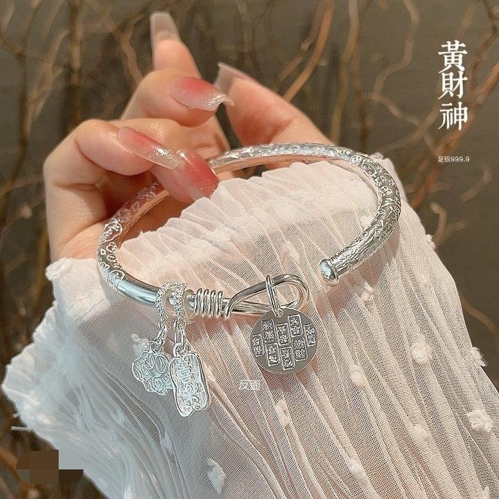 足银手镯 吉言转运纯银手镯足银999新中式古风宫铃开口镯子送妈妈