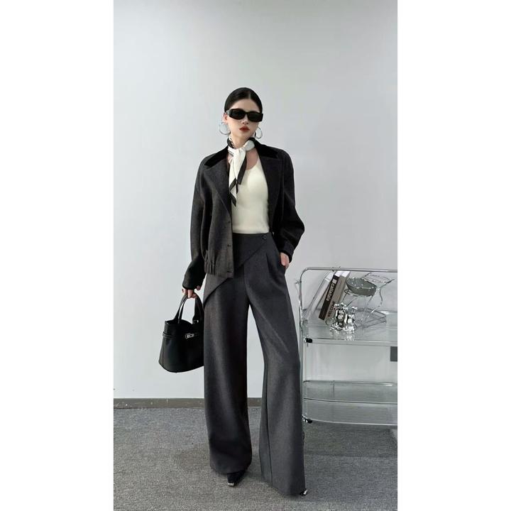 KIKI严选：83272-YER家欧货南油秋冬加厚设计感斜襟搭片阔腿休闲裤