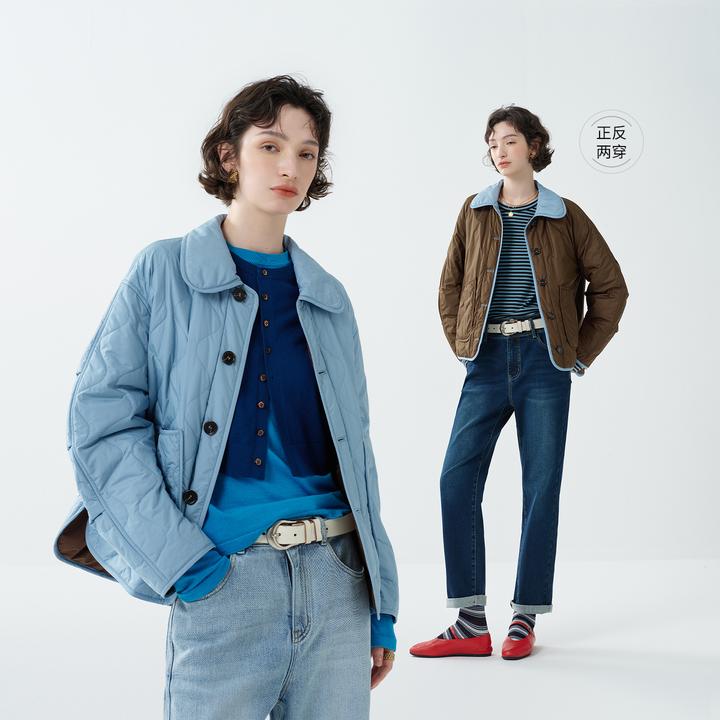 EIN/言巴恩风复古文艺绗缝设计翻领短棉服外套女2025早秋新款