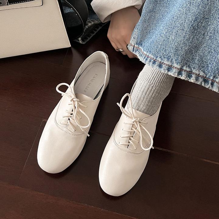 真皮英伦风单鞋女2025春季新款小白鞋平底系带小皮鞋女豆豆乐福鞋