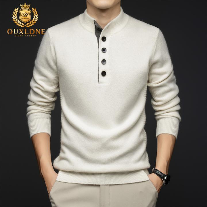 OUXLDNE 羊绒衫男加厚毛衣冬季新款五粒扣立领休闲保暖纯色针织衫