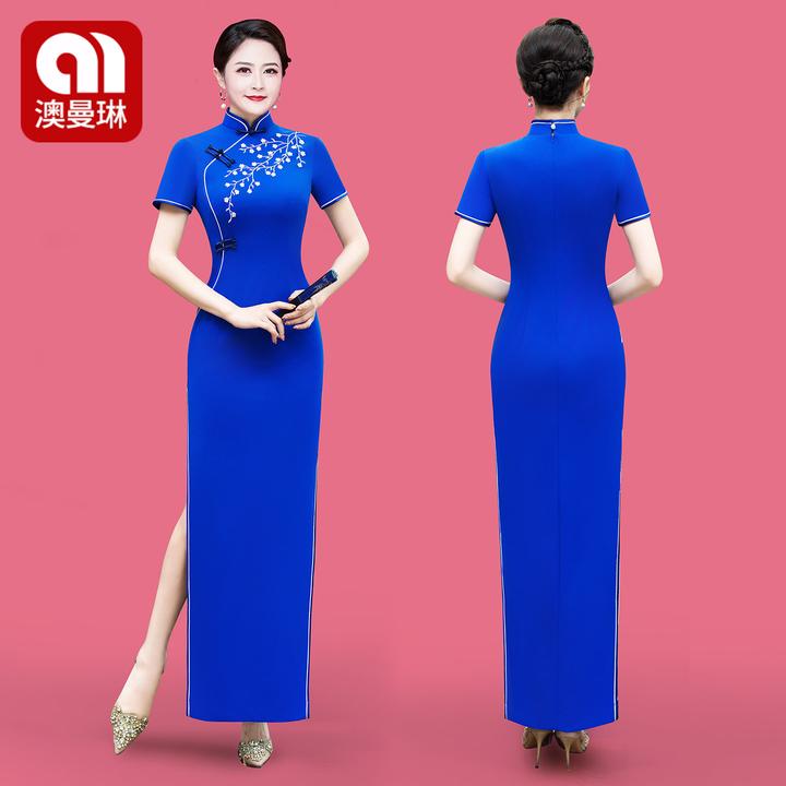走秀旗袍修身显瘦短袖长款高开叉宴会气质晚礼服中老年舞台演出服