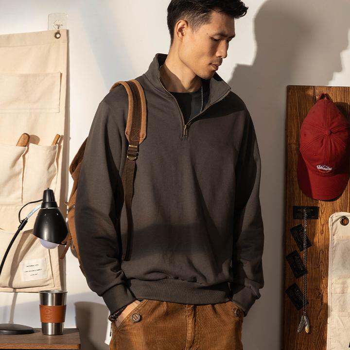 美式灰色420g纯棉半开拉链卫衣男2025年秋季抓绒保暖正肩立领外套