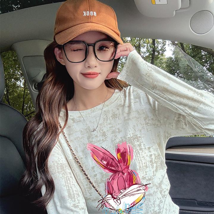 设计感褶皱扎染长袖T恤女2025秋季大码修身显瘦洋气收腰圆领上衣