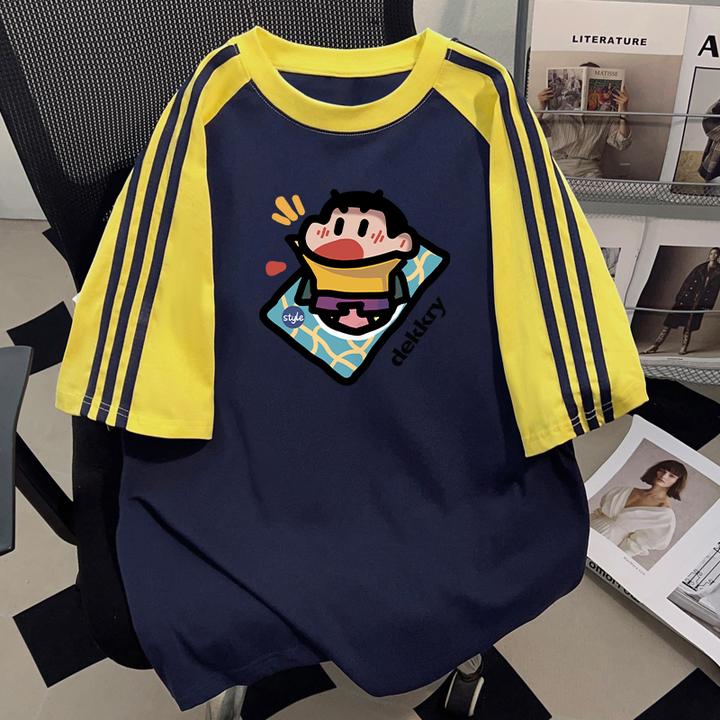 Dekkry日系街头黄拼藏青色插肩三条杠学生夏季纯棉短袖男女款上衣