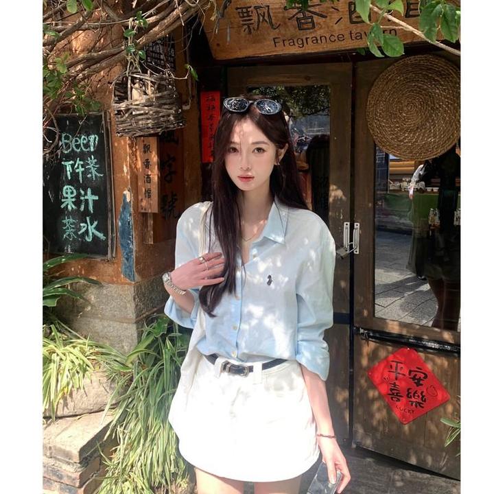 简约长袖衬衫春季设计感宽松防晒衬衣+显瘦百搭防走光半身裙裤