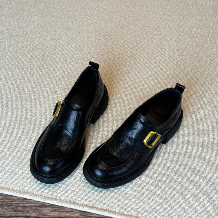 羊皮版~英伦风黑色小皮鞋女2025秋冬加绒厚底高跟一脚蹬乐福鞋