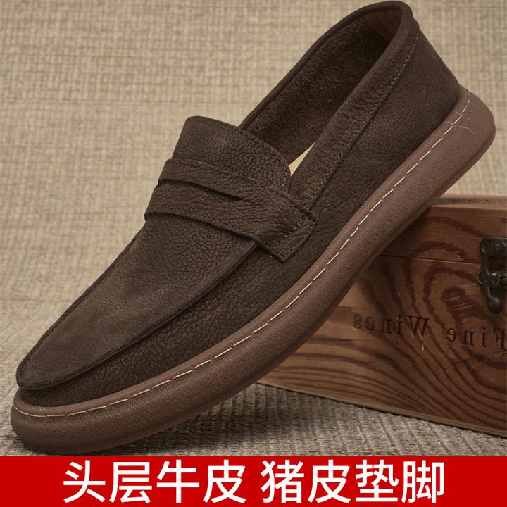 男夏季休闲皮鞋真皮豆豆鞋一脚蹬懒人鞋厚底英伦新款磨砂皮乐福鞋