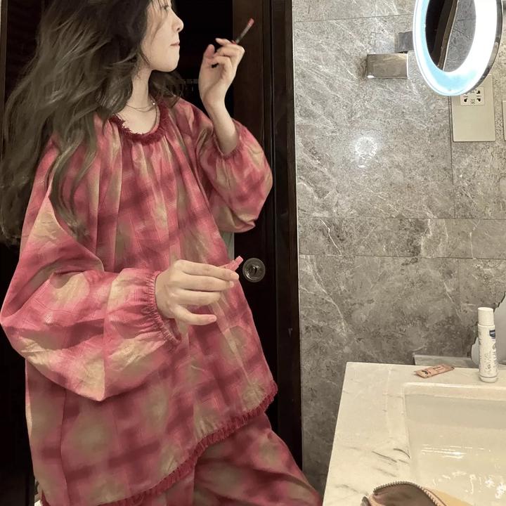 睡衣女春秋薄款圆领套头红色格子长袖2024年新款家居服套装可外穿