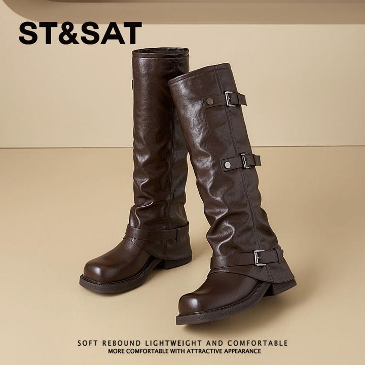 星期六皮扣设计潮酷长靴女士2025秋冬新品ins潮牌百搭堆堆裤管靴
