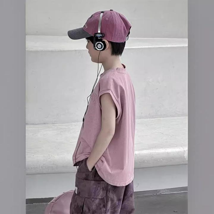 新款儿童夏季男童纯棉休闲风熊猫字母圆领无袖童装背心