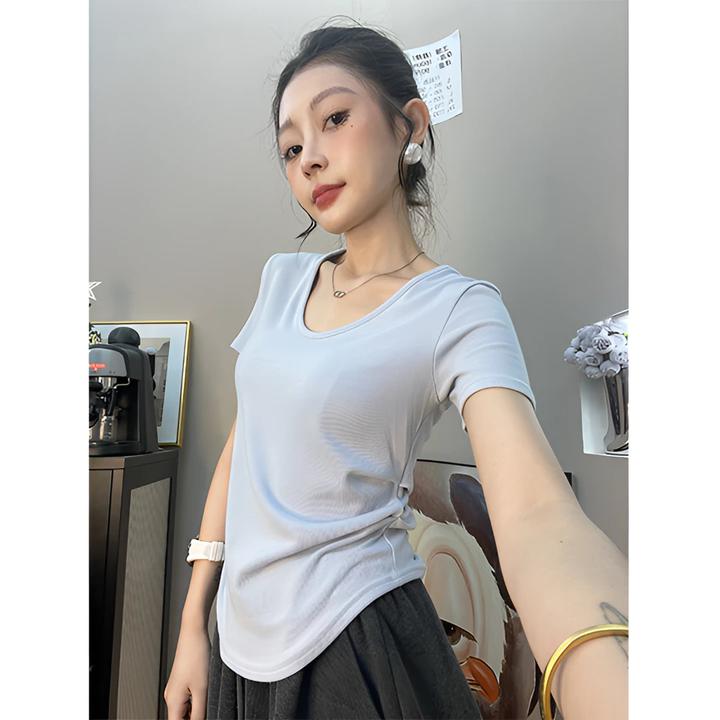 【夏日染晴】不规则设计感褶皱弧形下摆v领短袖t恤女修身显瘦上衣
