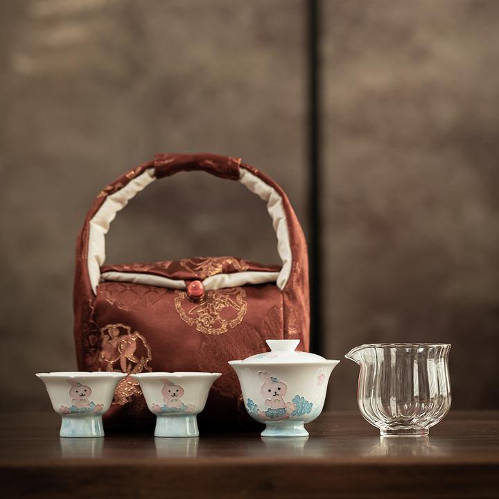 中秋节玉泥堆绘萌兔一碗两杯茶具套装户外露营泡茶陶瓷茶杯盖碗