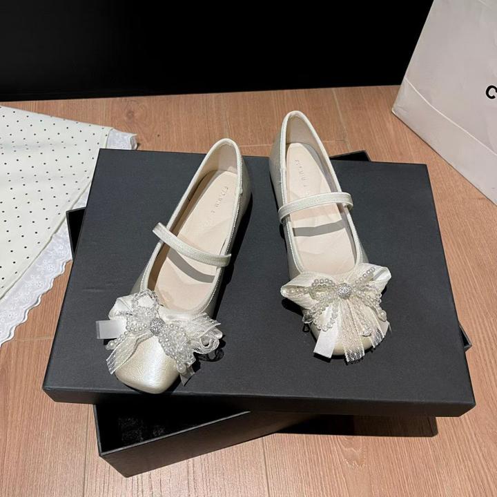 女鞋粗跟蝴蝶结仙女风高跟平底浅口单鞋玛丽珍鞋方头