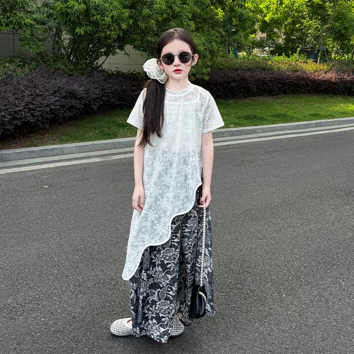 女童套装夏季碎花国风蕾丝中大童背心碎花蕾丝上衣阔腿裤三件套潮