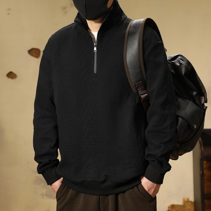 美式复古秋季肌理感提花340g重磅立领卫衣男潮牌宽松半拉链外套男