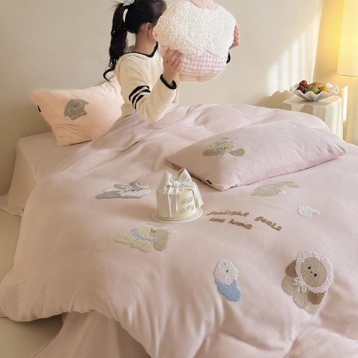可爱冬季保暖加厚牛奶绒四件套清新毛巾绣1.5米/1.8m被套床上用品