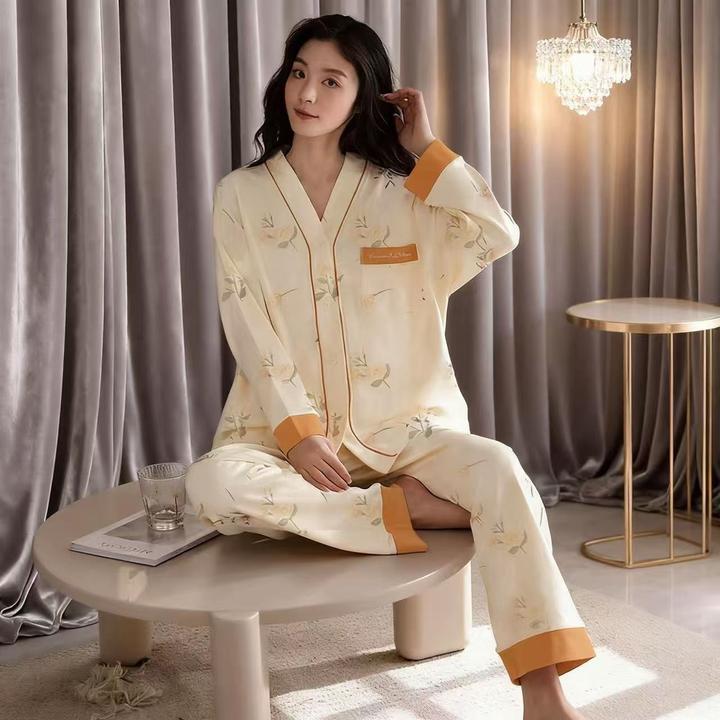 奢莱蔻国风茉莉花秋冬长袖睡衣女宽松休闲舒适透气家居服58306
