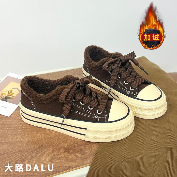 【DaLu】秋冬加绒皮面厚底增高帆布鞋女轻便保暖小白鞋休闲时尚板鞋