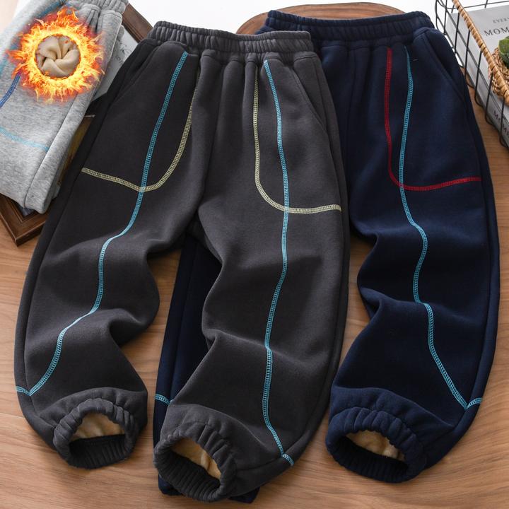 男童加绒裤子冬季2025新款男孩中大儿童装休闲明线运动裤