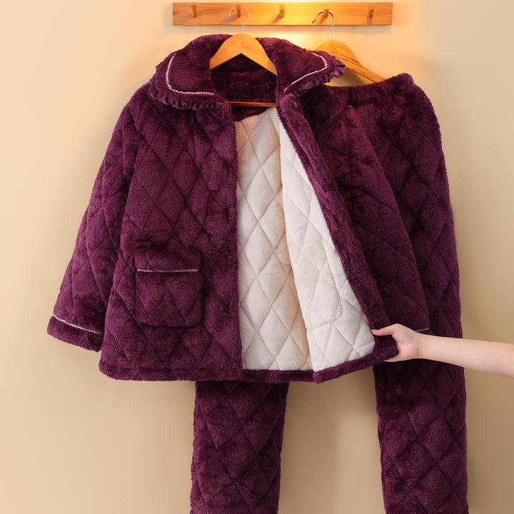 三层加绒加厚妈妈珊瑚绒女保暖冬季中老年睡衣家居服套装家居服