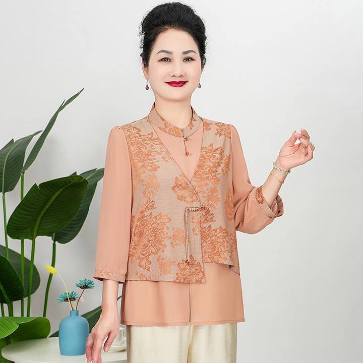 V/雅鹿洋气中年妈妈装国风七分袖新中式国风时尚大码衬衣B25810