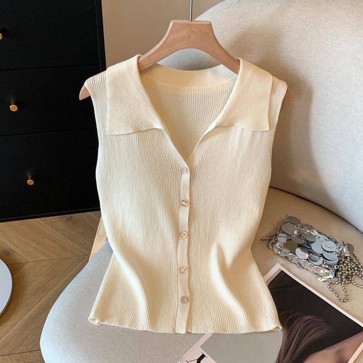 韩版杏色针织背心女夏季2025新款减龄polo领修身显瘦无袖T恤上衣