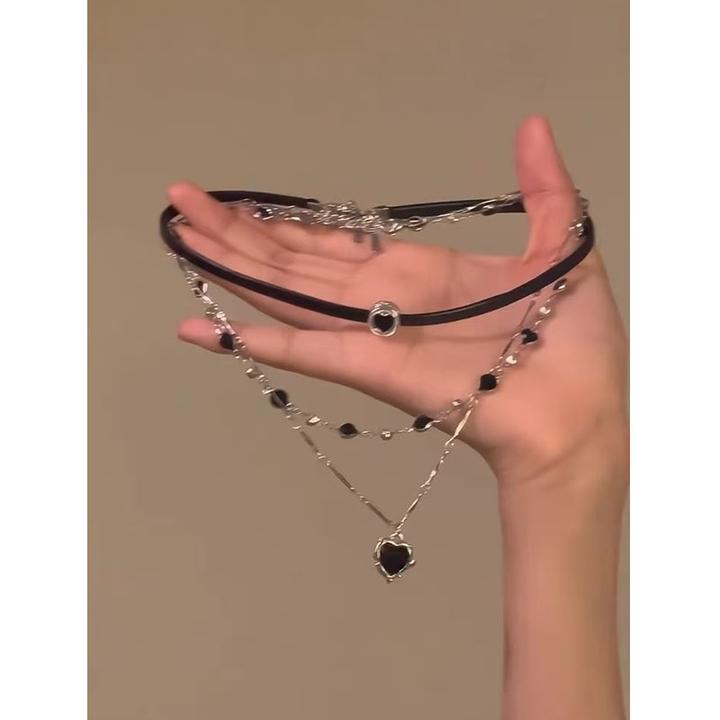 合金皮质项链 多层叠戴项链女辣妹甜酷黑皮绳链锁骨链choker颈链