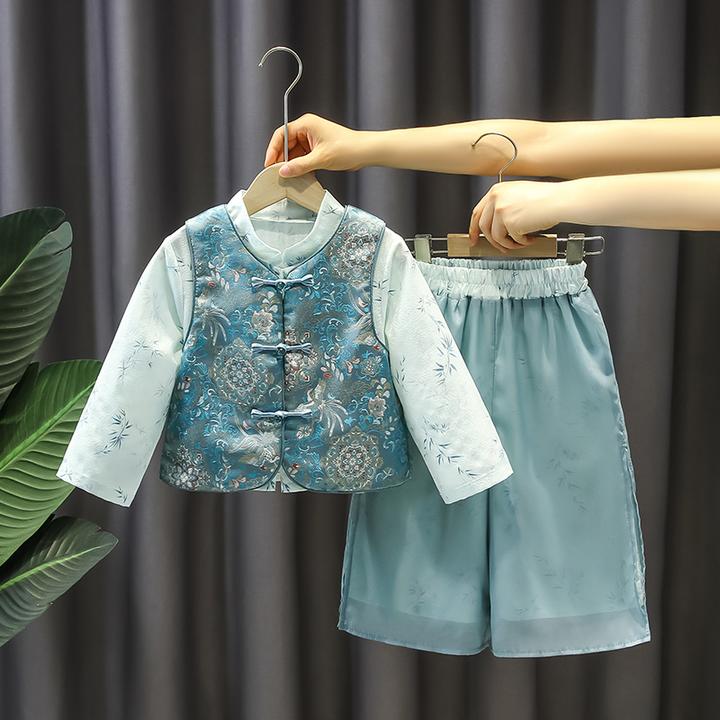 汉服男童秋装新中式国学服套装儿童唐装春秋款女童国风马甲三件套