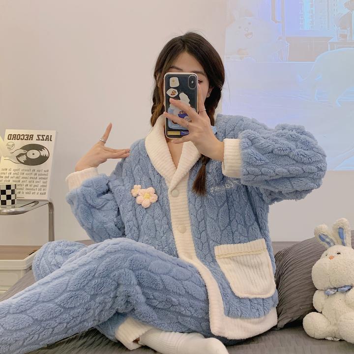 新款百搭睡衣女冬季加厚休闲可外穿家居服套装