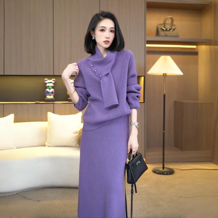 轻奢风秋冬新款高级感配围巾宽松显瘦一整套洋气毛衣裙子两件套装
