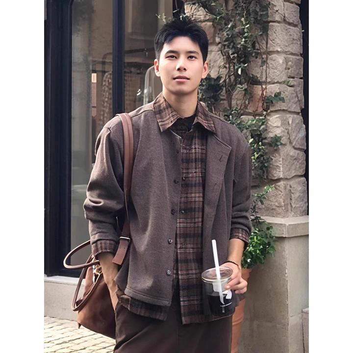 老钱风衬衫领假两件针织开衫外套男款韩系氛围感早秋穿搭短款夹克