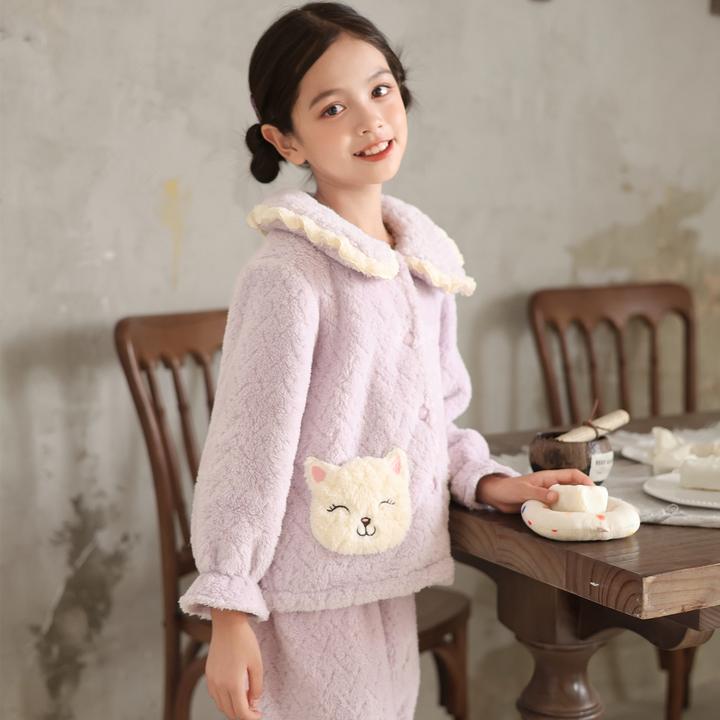 米筱米儿童秋冬贵妃绒睡衣套加厚保暖微笑小猫A类女童家居服2025