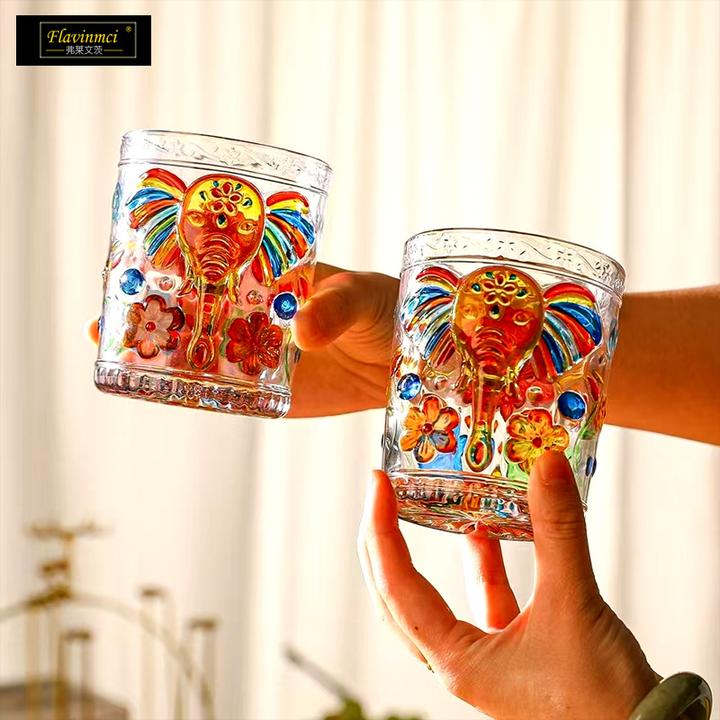 2只装【西藏包邮】高颜值杯子彩绘大象加厚玻璃家用饮料杯威士忌杯