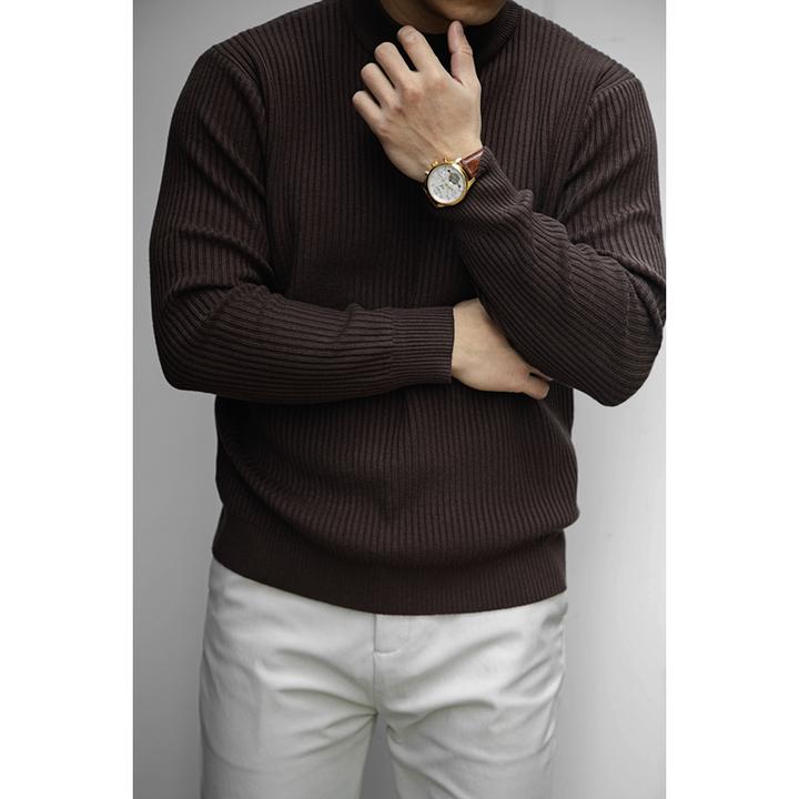 唔刃工装美式复古竖条纹半高领毛衣慵懒套头打底坑条针织衫男秋冬