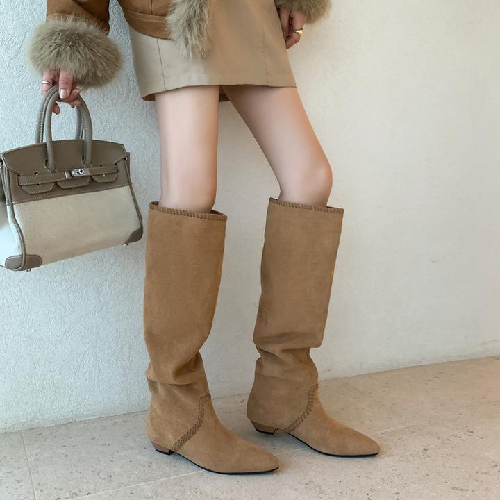 【奢品】慵懒风~复古磨砂牛皮堆堆西部靴女2cm平底显瘦高筒过膝长靴