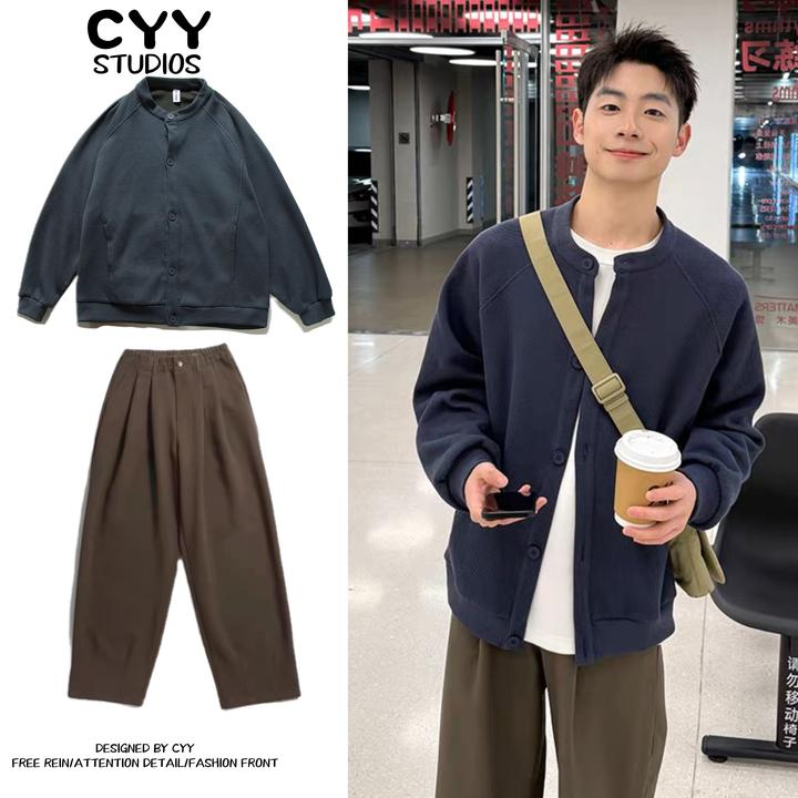 两件装/单件藏青圆领华夫格纽扣开衫男2025秋季新款宽松卫衣外套