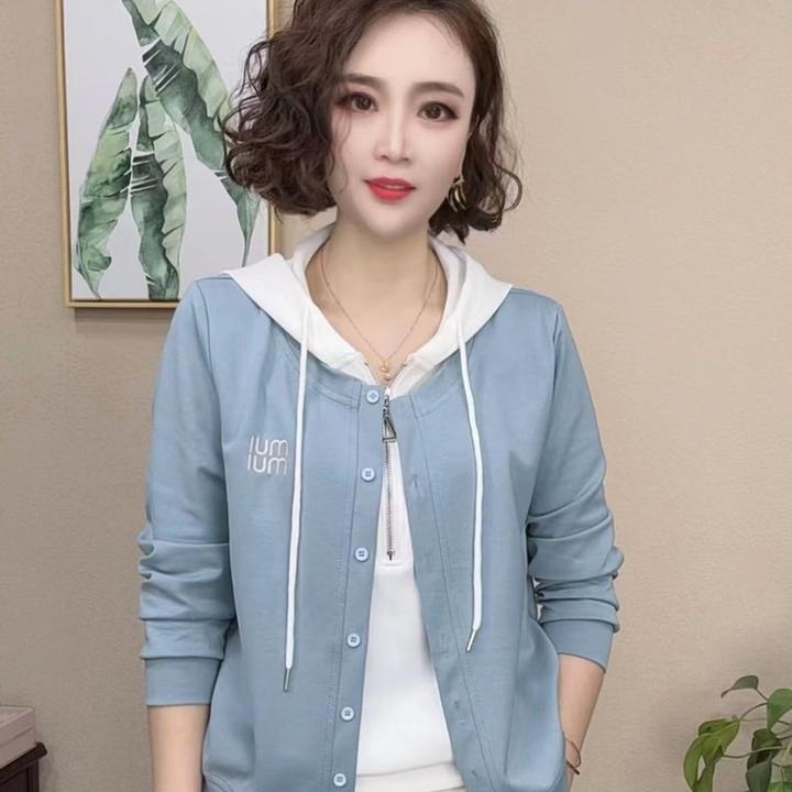 2025春节新款时尚气质百搭假两件长袖连帽女打底衫上衣#202