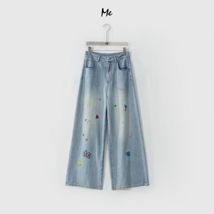 ME【夏威夷蓝牛】高腰高弹显瘦时尚长裤复古水洗刺绣牛仔裤MESS6410