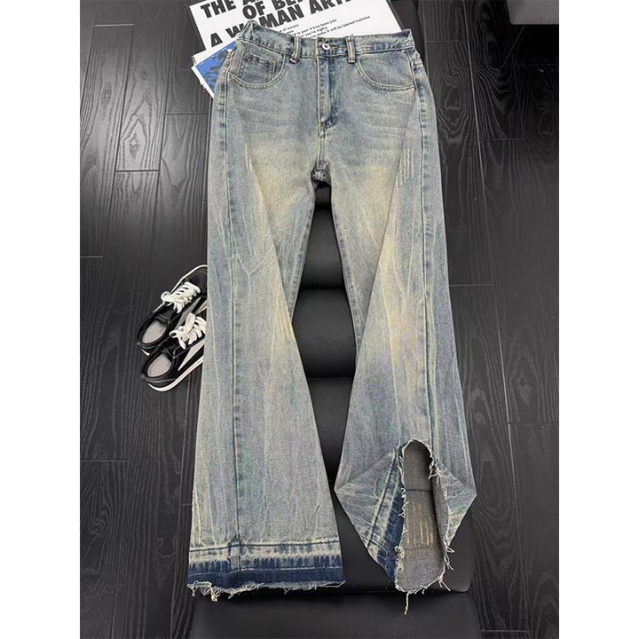 美式高街闪电纹牛仔裤男女同款痞帅高级感毛边裤子窄版显瘦微喇裤