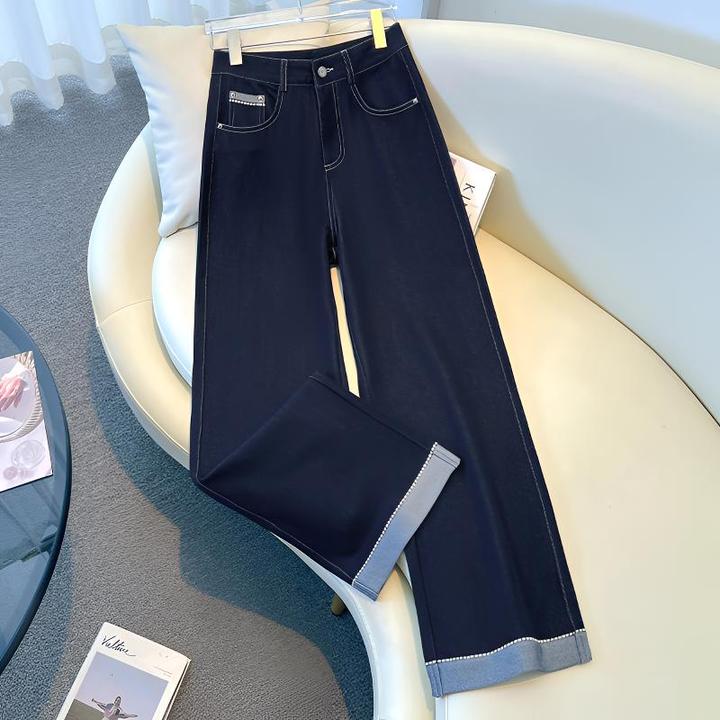 丹宁蓝软牛仔窄版阔腿裤女士2025新款高腰宽松显瘦卷边休闲直筒裤