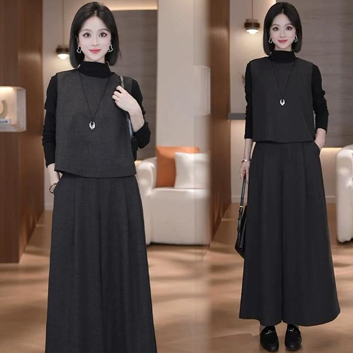 时尚套装女2025秋季新款洋气显瘦减龄宽松马甲打底衫阔腿裤三件套